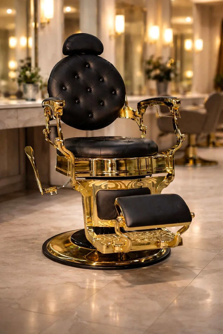Fauteuil de barbier en cuir noir et laiton